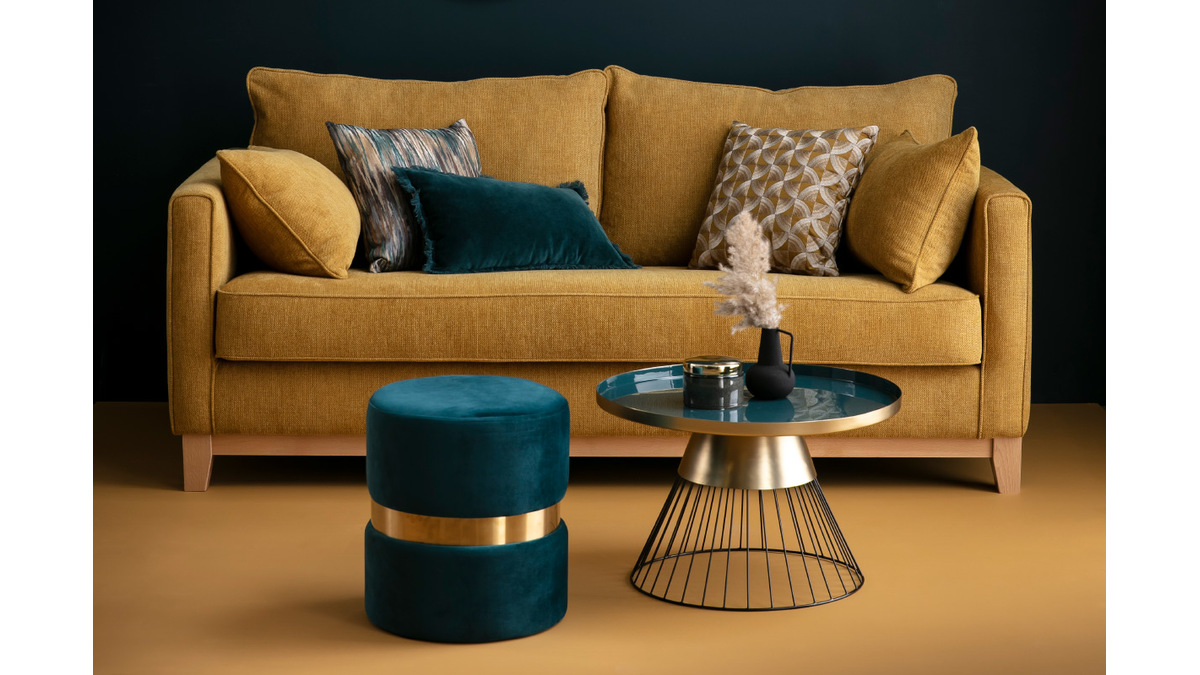 3-Sitzer-Designer-Sofa in pfauenblau und schwarzem Samt HARRISON - Miliboo |1| Stphane Plaza